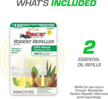 Tomcat Repellents Rodent Repeller Refill Pack, 2 Refills | Indoor Plug-In Refills with Lemongrass, Cinnamon, and Peppermint Oil Natural Essential Oil Blend, Repels Rats and Mice