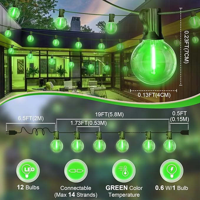 LAMPHOME LED Outdoor String Light, 26Feet Patio Lights with 12+1 Edison Shatterproof Bulbs(1Spare), UL Waterproof Outside Lights connectable Dimmable for Backyard Porch Decor,Green