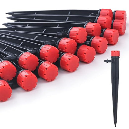 100pcs Drip Irrigation Emitters for 1/4" Drip Tubing | Adjustable 360 Degree Water Flow, 5" Arrow Stake, Garden Irrigation Drippers, For 4-7mm Watering System Kit