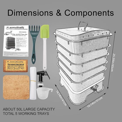 5-Tray Worm Compost Bin, Worm Composter for Outdoor & Indoor, 5-Tray ecocultivatify Wormie's Home Plus, Worm Bin Set for Recycling Household Waste (Black)
