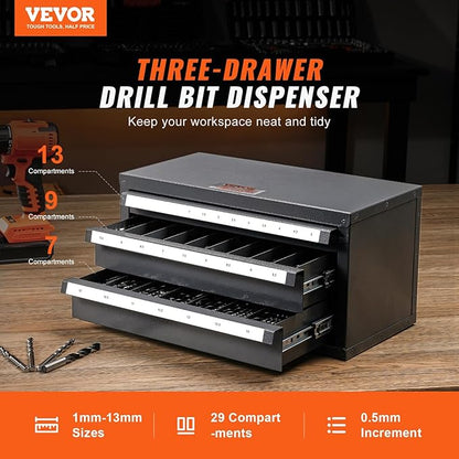 VEVOR Drill Bit Organizer - Three-Drawer Steel Cabinet for 1mm to 13mm, Labels, Stackable