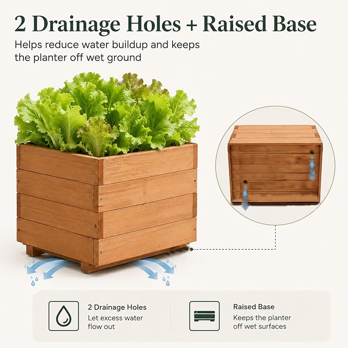 15.75" Square Wooden Planter Box, Fir Wood Planters for Outdoor Plants | 12.6" H Outdoor Planter with 2 Drainage Holes, Mortise & Tenon Corners