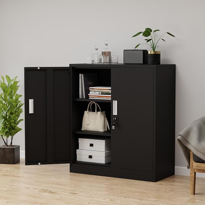 iJINGUR Metal Storage Cabinet with Locking Doors and 2 Adjustable Shelves, Small Lockable Storage Cabinet for Home Office Garage (Black)