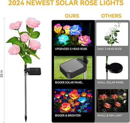 WdtPro Solar Garden Lights Outdoor, 4 Pack Solar Light Outdoor with 20 Rose Flowers, Waterproof 7 Color Changing Solar Powered Flowers Lights for Outside Patio Yard Pathway