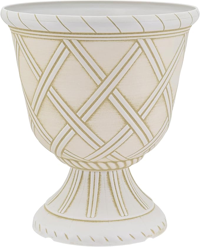 Arcadia Garden Products PL60BG Lattice Plastic Garden Urn, Classic Decorative Garden Pot Planter for Indoor and Outdoor Plants, White