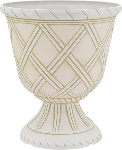 Arcadia Garden Products PL60BG Lattice Plastic Garden Urn, Classic Decorative Garden Pot Planter for Indoor and Outdoor Plants, White