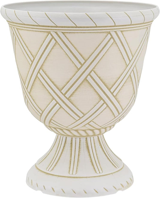Arcadia Garden Products PL60BG Lattice Plastic Garden Urn, Classic Decorative Garden Pot Planter for Indoor and Outdoor Plants, White