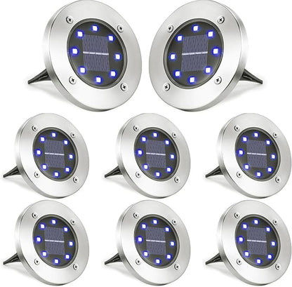 LYHOPE Solar Ground Lights Outdoor, 8 Pack 8 LED Solar Disk Lights Waterproof Garden In-ground Pathway Light Landscape Lighting for Lawn,Yard,Deck,Patio,Walkway (Blue)