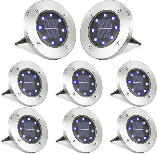 LYHOPE Solar Ground Lights Outdoor, 8 Pack 8 LED Solar Disk Lights Waterproof Garden In-ground Pathway Light Landscape Lighting for Lawn,Yard,Deck,Patio,Walkway (Blue)