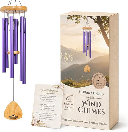 Purple Wind Chimes for Outside Deep Tone, 29 Inch XL Hand Tuned G Major Pentatonic Wind Chime with Decorative Kindness Stone, Outdoor Garden Patio Porch Decor, Meaningful Sympathy Memorial Gift