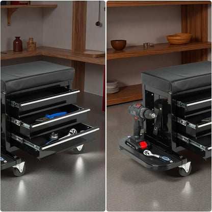 Tool Chest, 3-Drawers Rolling Tool Chest with 2 Foldable Side Trays & Screworivers Supports, Rolling Mechanic Seat with Seat Cushion for Workshop, Warehouse, Capacity 350lbs, Black