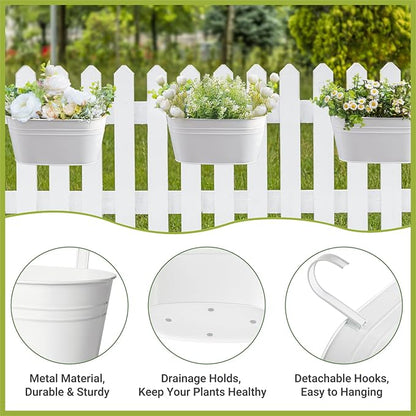 Dahey 10.5 Inch Metal Iron Hanging Flower Pots for Railing Fence Hanging Bucket Pots Countryside Style Outdoor Planter Window Flower Plant Holder with Detachable Hooks Home Decor,White,4 Pcs