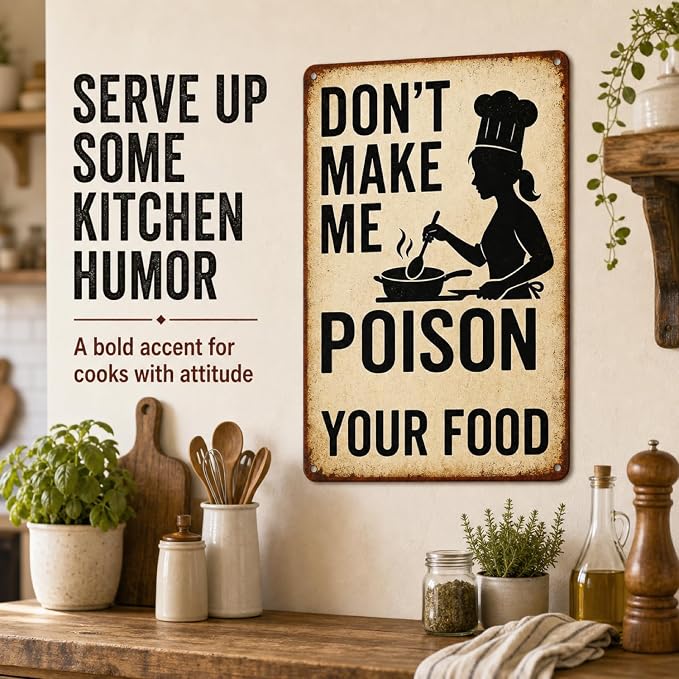 Funny Kitchen Sign – “Don’t Make Me Poison Your Food” Vintage Metal Tin Sign for Home, Chef, or Restaurant Wall Decor – Chef Gift for Men Women Cook Lovers Definition Quotes(kitchen-001)
