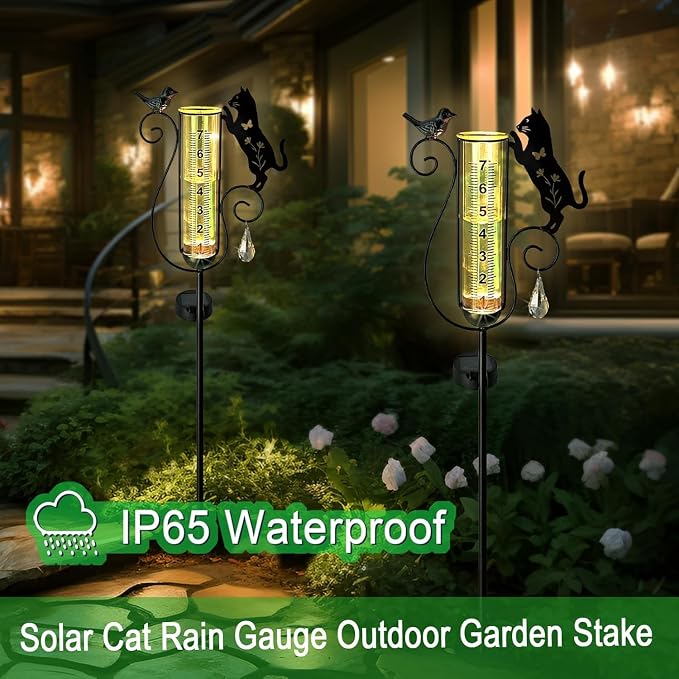 Solar Black Cat & Bird Metal Stake with Glass Rain Gauge, Outdoor Yard Lawn Pathway Garden Decor