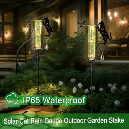 Solar Black Cat & Bird Metal Stake with Glass Rain Gauge, Outdoor Yard Lawn Pathway Garden Decor