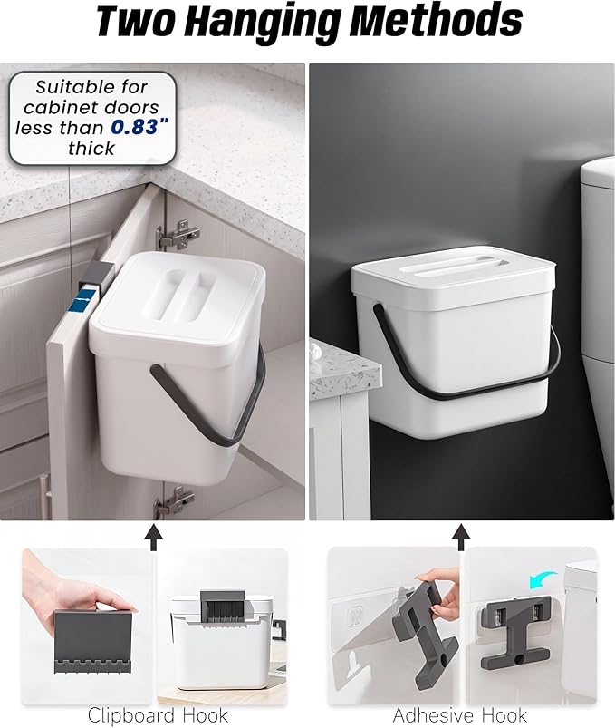 Kitchen Compost Bin - 1.8 Gallons Hanging Trash Can with Lid for Kitchen Cabinet Door, Under Sink, Wall Mounted Waste Bin for Bathroom, 7L(White)