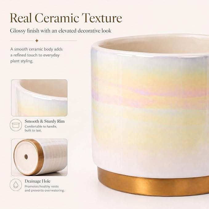 Gepege White Indoor Pots for Plants, Ceramic Planter with Drainage Hole, 6.0 inch+5.0 Inch+4.0 Inch. Succulent Orchid Flower Pot - Rainbow Pearl Glaze