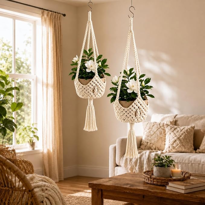 Shappy 2 Pack Boho Macrame Plant Hanger, Large Hanging Planter Plant Holder Pot Hanger Hanging Basket Wall Planters, Plants Lover Gift for Indoor Garden (Spiral Knot,White)