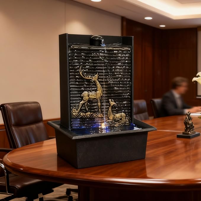 Water Wall Waterfall Fountain, Gold Deer Relief Wall Fountain for Home Office, Indoor Zen Vertical Waterfall with Warm Light for Zen Relaxation & Decor