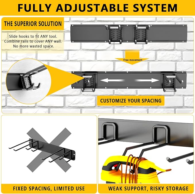 Garage Tool Organizer Wall Mount, Heavy-Duty Garage Storage System and Garden Tool Organizer with Adjustable Hooks for Shovel, Snowboard, Yard Tools and Shed (64"-10hooks)