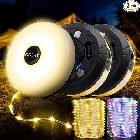 OGERY 3-Pack Camping String Lights, 32.8FT Rechargeable Lights