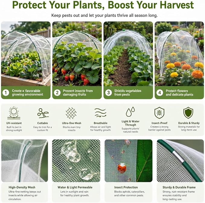 Garden Netting Kit for Raised Beds,10x33ft Ultra Fine Insect Netting Garden Bed Covers & 6 Sets of 8ft Fiberglass Garden Hoops (6 Sets Garden Hoops with White10x33ft Garden Netting)