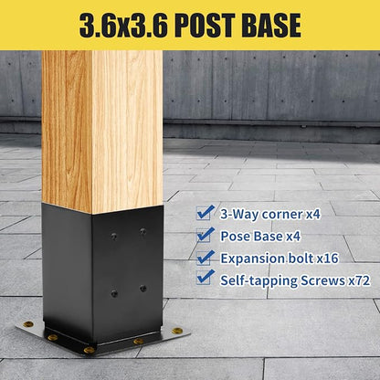 4 Pcs 4"x4" Pergola Brackets(Actual:3.6"x3.6") with 4 Pcs Post Base | 3 Way 90° Right Angle Corner Bracket|DIY Pergola Kit Support Patio Log Cabin Outdoor