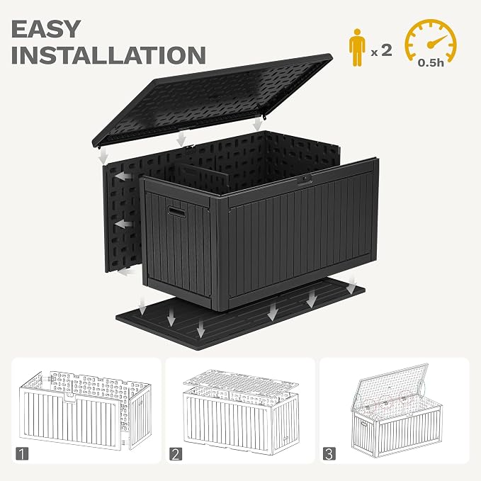 DWVO 320 Gallon Double-Wall Deck Box with Divider, XXL Extra Large Resin Outdoor Storage Box, Lockable & Waterproof, Double as Seating, 1000lbs Capacity (Black)