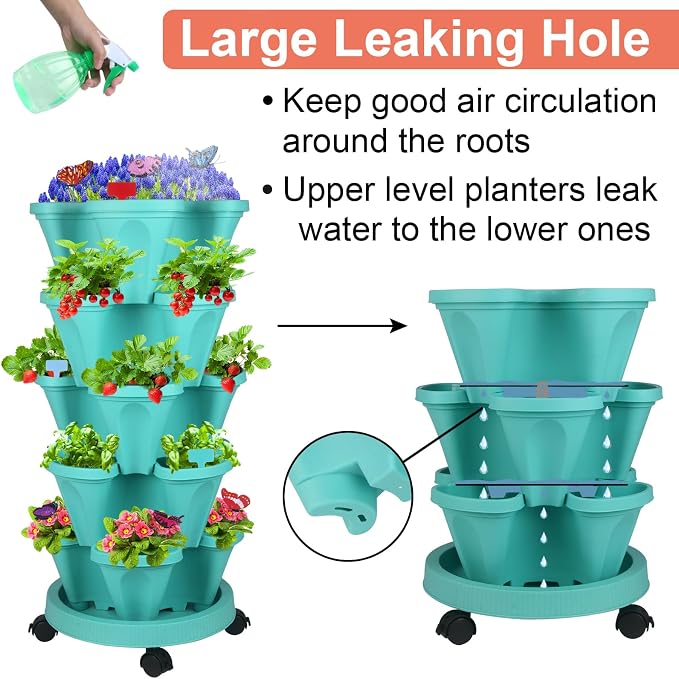 GameXcel Vertical Planter, 5 Tier Stackable Strawberry Planter with Garden Tool Set, Movable Indoor/Outdoor Garden Herb Pot for Growing Vegetables and Succulents, Teal