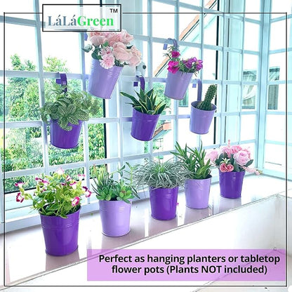 LaLaGreen Outdoor Rail Planter (4 in, 10 Pack) Purple Metal Railing Pots | Rail hanging planters for balcony, apartment, patio, porch, deck, herb, succulent, cactus pots, outdoor plants