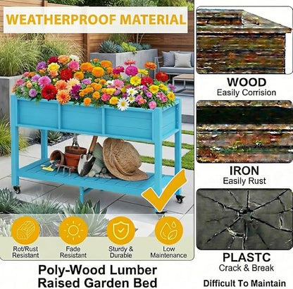 DWVO 47x18x31in Raised Garden Bed HDPE, Weather-Resistant Poly Wood Planter Box Stand, Planter Box with Legs, Storage Shelf & Lockable Wheels, Elevated Garden Bed for Backyard Patio - Aruba Blue