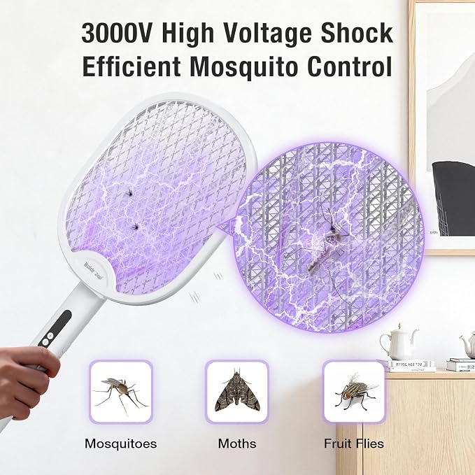 BALDR Electric Fly Swatter Racket, Foldable 2 in 1 Bug Zapper 3000V Powerful Mosquito Killer with Purple Attractant Trap Lamp, 1200mAh Type-C Rechargeable for Indoor Home Office Patio Camping
