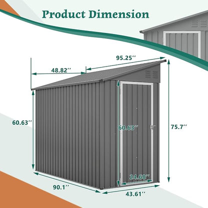 YOPTO 4×8 FT Lean to Metal Shed,Outdoor Heavy-Duty Storage Shed with Floor Base,All Weather Waterproof Garden Tool House W/Lockable Door&2 Air Vents,Reversible Door Design,for Backyard,Patio,Lawn,Gray