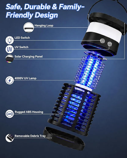 Solar Bug Zapper Outdoor/Indoor, 4000V Electric Mosquito Zapper with Flickering Flame & RGB Atmosphere Light, Cordless Waterproof Rechargeable Mosquito Repellent Outdoor Patio Backyard, Camping, RV