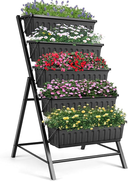 Suyncll 2 Pack Vertical Raised Garden Bed, 5 Tiers Elevated Planter Box with Drainage System and 4 Hooks, 4FT Vertical Planter for Herbs Vegetables Flowers, Black