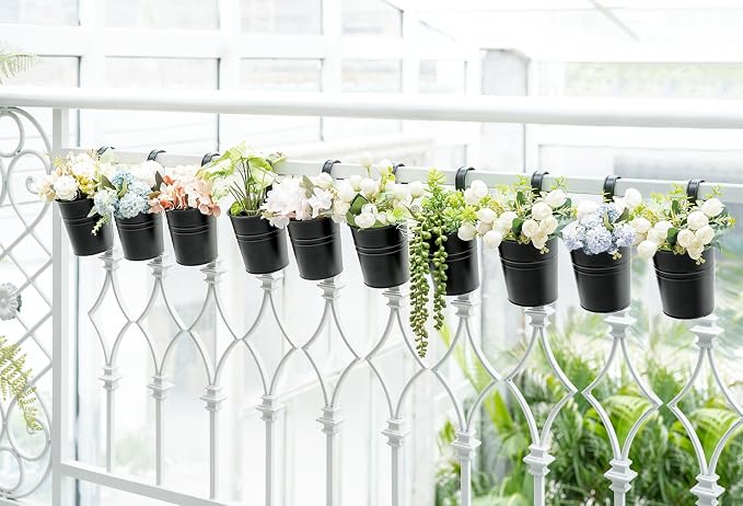 Dahey 10 Pcs Hanging Flower Pots Metal Iron Bucket Outdoor Planter for Railing Fence Balcony Garden Home Decoration Flower Holders with Detachable Hooks, Black, 5 Inches