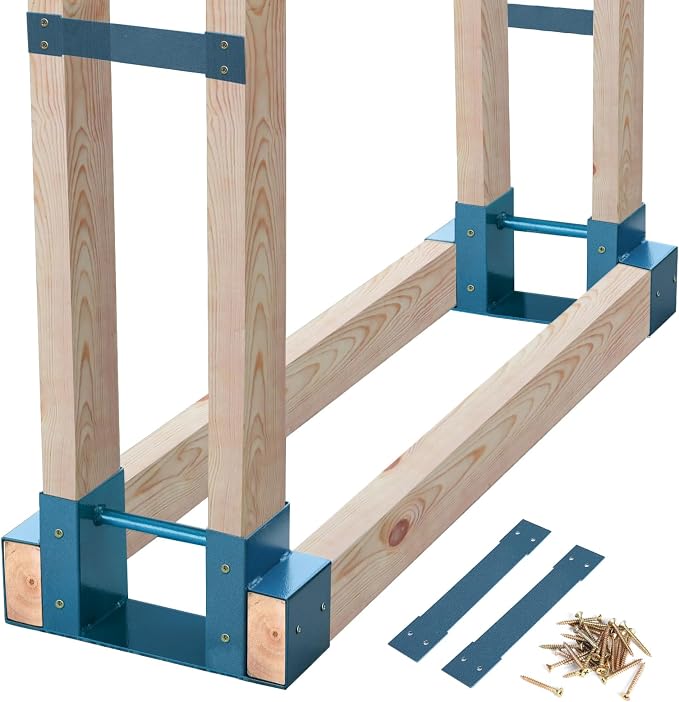 MOFEEZ Outdoor Firewood Log Storage Rack 2x4 Bracket Kit, Fireplace Wood Storage Holder, Adjustable to Any Length - Dark Blue, Two Bases