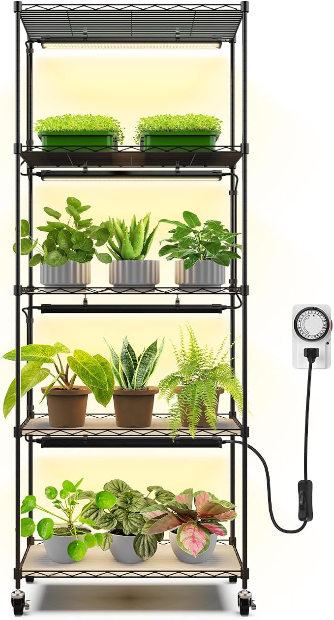 CX91 5-Tier Plant Stand with Grow Lights for Indoor Plants, Metal Plant Shelf Display Rack with 1.6FT 25W(Per Light) Full Spectrum Plant Lights for Indoor, Balcony, Living Room, 23.6x13.8x59IN