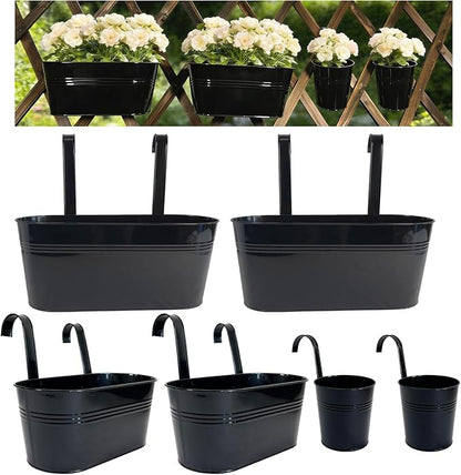 Set of 6 Balcony Hanging Planters, 2 Pcs 17" Metal Railing Flower Pots & 2 Pcs 12" Deck Planter & 2 Pcs 4" Fence Pot for Outdoor Patio Garden Décor, Black
