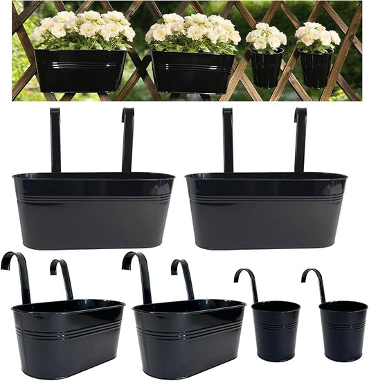 Set of 6 Balcony Hanging Planters, 2 Pcs 17" Metal Railing Flower Pots & 2 Pcs 12" Deck Planter & 2 Pcs 4" Fence Pot for Outdoor Patio Garden Décor, Black