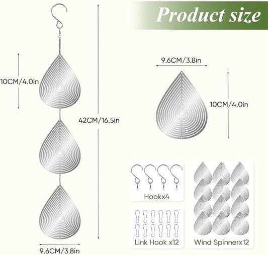 Reflective Wind Spinners for Outdoors, 12 PCS Stainless Steel Bird Control Discs with 360° Swivel Hooks, Humane 3D Hanging Ornament for Garden, Patio, Balcony & Orchard