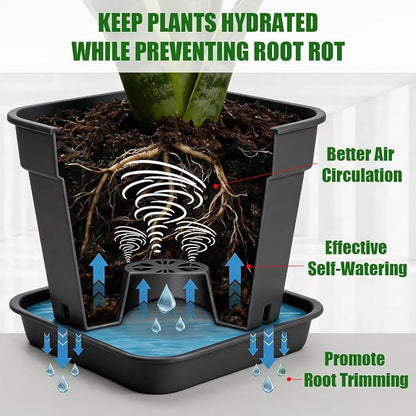 BTPLASTIK 10 Inch Square Planters with Saucers 5 Pack, Heavy Duty Black Plant Pots, Air Pruning & Super Ventilation, Anti-Crack Garden Pots for Indoor Outdoor Orchids Vegetables Trees