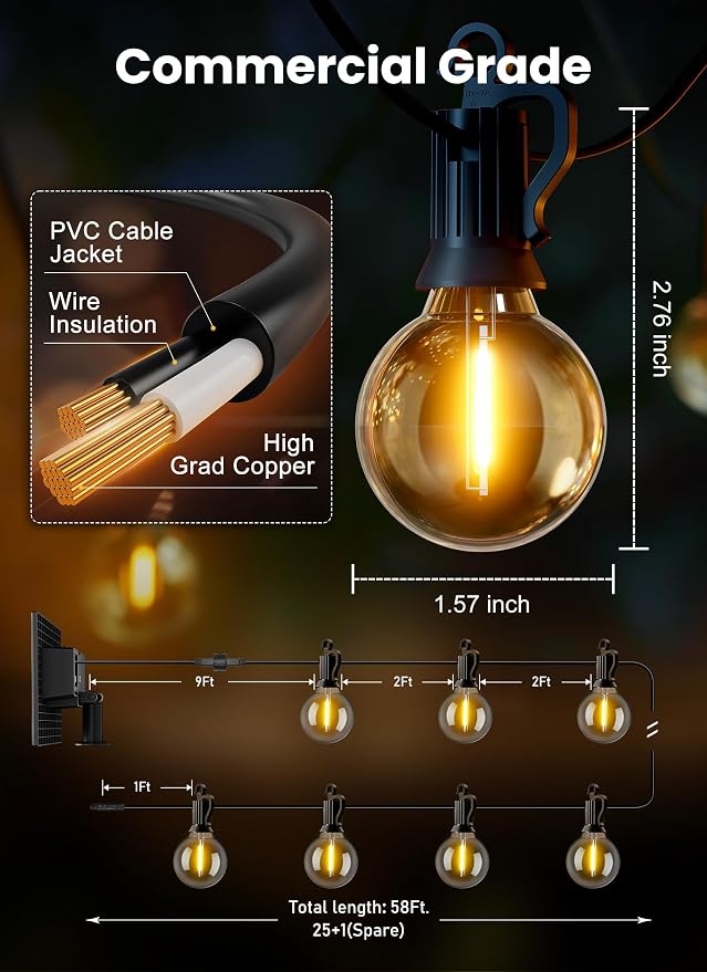Brightown 58FT 26LED Solar String Lights Outdoor with USB Port, Shatterproof Bulbs, 3 Lighting Modes, Patio Lights Solar Powered for Camping Backyard Garden Decor - Last for 20+Hrs