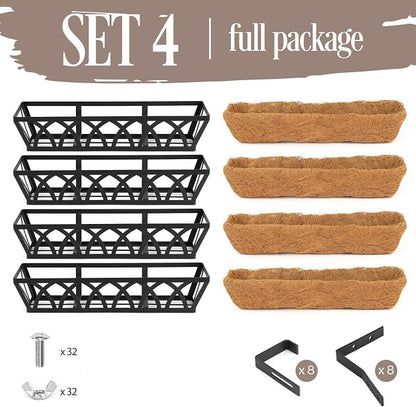 4 Pack 32IN Window Box Railing with Adjustable Brackets, Hanging Flower Planter Basket with Coco Liner for Outdoor Balcony Porch Fence Patio (Black)
