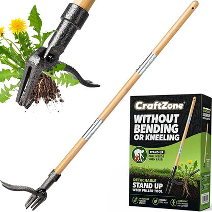 Weed Puller Stand Up Weed Puller Tool with Wooden Long Handle Foot Platform Design 4-Claw Steel Head & Removable 3-Section Pole Garden Tools-Easily Remove Weeds Without Bending or Kneeling