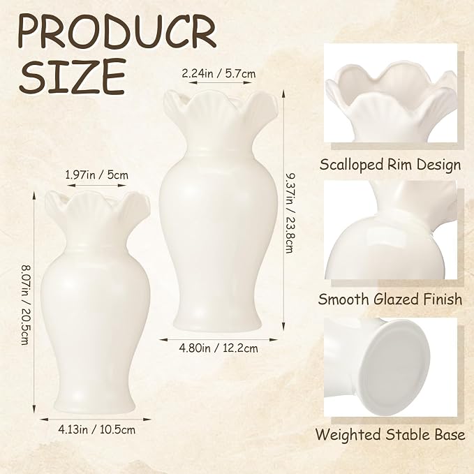 2 Pack White Ceramic Vase Set Small Rustic Decorative Vases Home Decor Wavy Edge Modern Flower Vases for Farmhouse Table Centerpiece Living Room Kitchen Bedroom (6.7,7.9in,Classic)