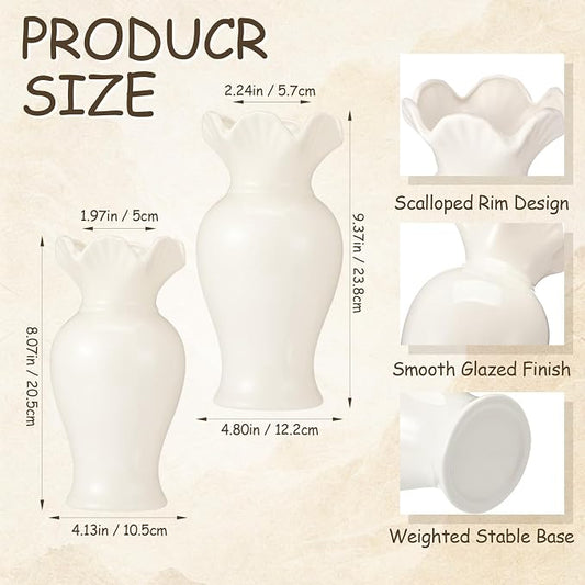 2 Pack White Ceramic Vase Set Small Rustic Decorative Vases Home Decor Wavy Edge Modern Flower Vases for Farmhouse Table Centerpiece Living Room Kitchen Bedroom (6.7,7.9in,Classic)