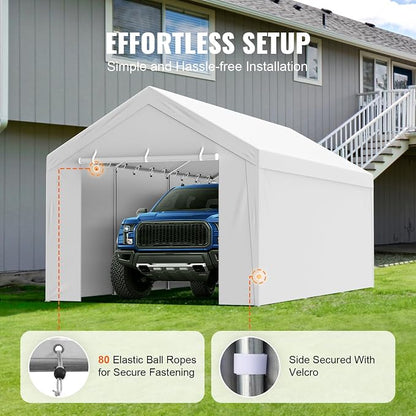 VEVOR Carport Replacement Canopy Top Cover + Sidewall 10 x 20 ft, Garage Tent Shelter Tarp Heavy-Duty Waterproof & UV Protected, Easy Installation with Ball Bungees,White (Frame Not Included)