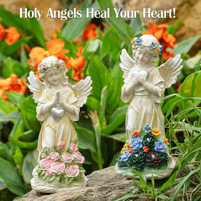 Angel Garden Statue 2Pcs,Love Heart Solar Garden Decor with Warm Light,Waterproof Praying Angel Statue with Flowers,Outdoor Garden Decor Sculpture for Lawn Yard Patio Garden Present,Apricot