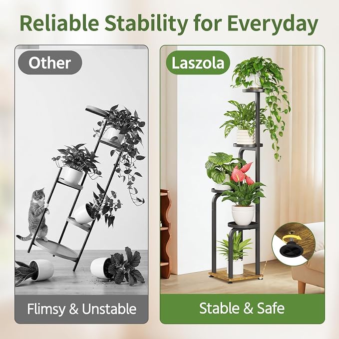 LASZOLA 5 Tiered Plant Stand Tall for Indoor Corner, Modern Multiple Flower Display Rack with Metal Tray, Vertical Planter Shelf for Living Room Bedroom Patio Garden Balcony, Black